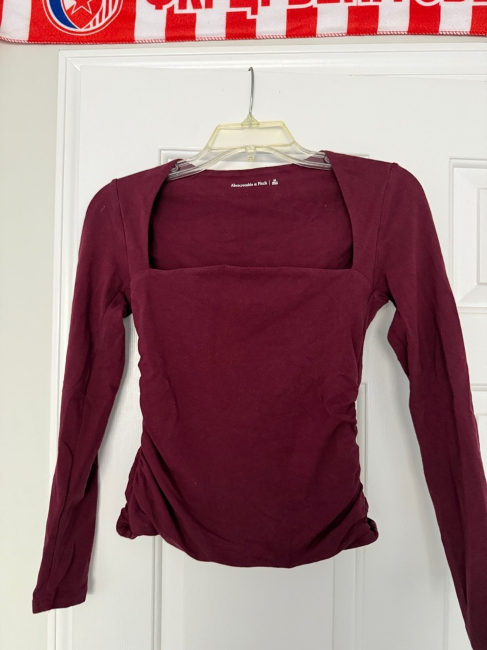Wine Red Abercrombie & Fitch Women's Long-Sleeve Square Neck Top
